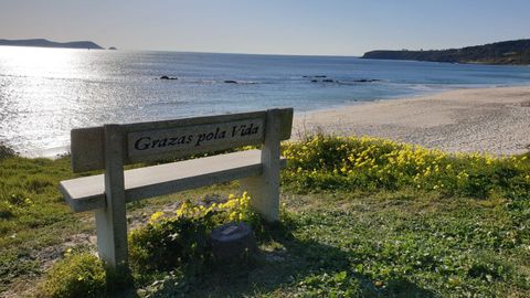 banco.La playa de Pragueira está a la derecha del banco, situado en los acantilados de Noalla (Sanxenxo), en plena ruta de senderismo del Padre Sarmiento. El cabo de punta Faxilda también se ve a la derecha. Detrás está A Lanzada y, desde Faxilda, también se puede observar la isla de Sálvora