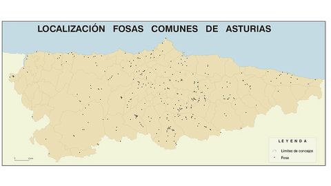 Mapa de fosas comunes de la Guerra Civil en Asturias elaborado por la Universidad de Oviedo.