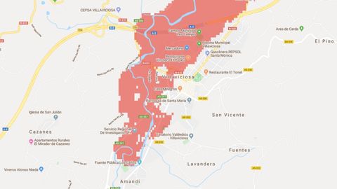 Detalle de cmo afectaran las inundaciones martimas al casco urbano de Villaviciosa