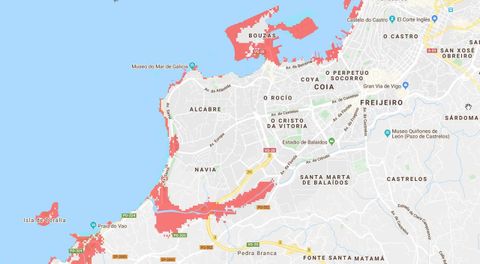 Las señaladas en rojo serían las zonas «inundables» de Vigo en el año 2050. El agua podría llegar a las inmediaciones de la fábrica de Citroën