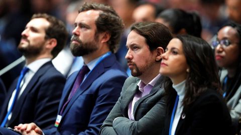 Pablo Casado (PP), Ivn Espinosa de los Monteros (Vox), Pablo Iglesias (Podemos), e Ins Arrimadas (Ciudadanos), durante la ceremonia de apertura de la Cumbre del Clima (COP25) que se celebra en Madrid