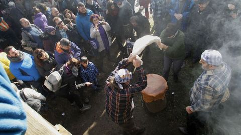 Público alrededor de dos voluntarios que sacuden las castañas en un saco