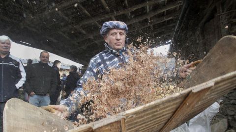 Un vecino de Froxán utiliza un abandoxo, el instrumento que permite acabar de separar la cáscara del fruto de la castaña