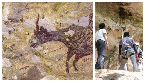 A la izquierda, el anoa, especie de búfalo pequeño típico de las islas Célebes, protagoniza una de las pinturas. A la derecha, el equipo científico, accediendo a la cueva Leang Bulu' Sipong 4