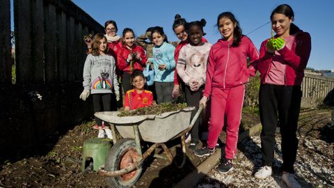 LOS RECREOS. Se enfundan los guantes y cogen la carretilla de forma voluntaria. No es una actividad obligatoria de clase. Así disfrutan en este centro los recreos: plantando, regando o quitando malas hierbas. Las solicitudes de matrícula crecen exponencialmente desde hace unos cuatro años en este colegio ubicado en uno de los barrios con mayor tasa de inmigración de la ciudad, con menor renta per cápita y, también, con menos árboles por vecino. Ahora, «pais da outra punta da cidade, da Calle Real ou dos Castros, mesmo de concellos veciños coma Arteixo, traen ata aquí os nenos», destacan desde la dirección de CEIP San Pedro de Visma