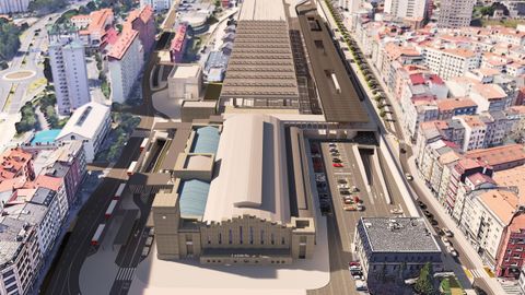 Así será la intermodal según la recreación virtual de la Xunta. La terminal de buses -a la derecha de la imagen- irá en paralelo a la Sardiñeira. Tendrá un edificio para viajeros, una planta intermedia con dársenas para abuses y un párking con 325 plazas. San Cristóbal -en primer plano- se adaptará al AVE y, del lado de la avenida del Ferrocarril -a la izquierda de la imagen-, tendrá marquesinas para buses de trayecto corto. Entre las terminales irá una pasarela peatonal que unirá las terminales y las avenidas de la Sardiñeira y el Ferrocarril.