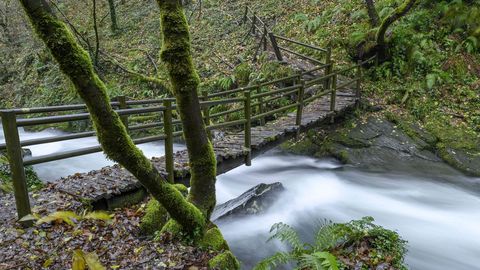 Una pasarela de madera permite salvar el cauce del Selmo por debajo de la cascada