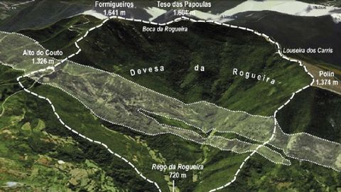 Un plano de la Devesa da Rogueira que aparece en el estudio publicado en la revista Recursos Rurais. La banda tranversal de color más claro señala las áreas en las que predominan los afloramientos de rocas carbonatadas, que dan lugar a un tipo diferente de suelos