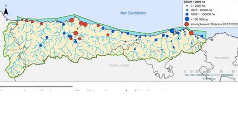 Mapa de incumplimientos de la directiva europea de aguas residuales urbanas de la Demarcación Hidrográfica del Cantábrico Occidental