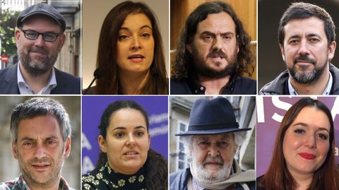 Arriba, de izquierda a derecha: Martiño Noriega (Anova), Eva Solla (EU), Antón Sánchez (Anova), Antón Gómez-Reino (Podemos). Abajo, de izquierda a derecha: Xulio Ferreiro (Marea Atlántica), Luca Chao (Podemos), Ánxela Rodríguez (Podemos) y Xosé Manuel Beiras (Anova)