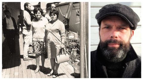 Á esquerda, Isabel e Virtudes —respectivamente, nai e avoa materna de Xesús Fraga, escritor e xornalista de La Voz de Galicia—, na cuberta do barco de pasaxe Monstserrat, na primeira das viaxes que fixo Isabel ás illas británicas. Botaba a andar a aventura na emigración da nai de Fraga —á dereita, nunha foto tomada por Ana Couceiro—, quen, por certo, deu en nacer en Londres