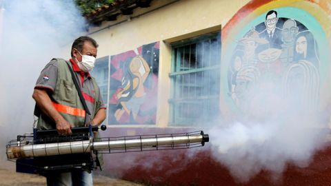 Un trabajador del servicio nacional de salud de Paraguay fumiga una escuela en San Lorenzo para contener el mosquito que transmite el dengue