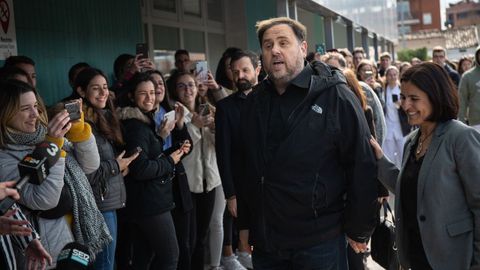 Junqueras, a su llegada a la Universidad de Vic, en Barcelona