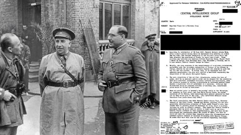 De izquierda a derecha: El coronel Martín Alonso, el general Orgaz y el coronel Aranda, en Oviedo al finalizar el cerco en 1937. A la derecha, uno de los documentos desclasificados de la CIA