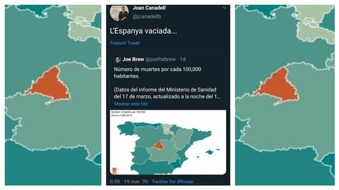 Tuit del presidente de la Cámara de Comercio de Barcelona, Joan Canadell, con un mapa con el número de muertos y el comentario: «La España vaciada»