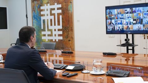 El jefe del Gobierno, Pedro Sánchez, durante la videoconferencia con los presidentes autonómicos
