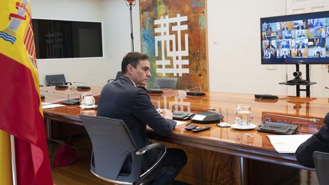 Sánchez, durante la conversación por videoconferencia de este domingo con presidentes de las comunidades autónomas