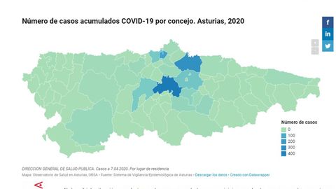 Mapa con el número total de casos confirmados en Asturias de COVID-19 hasta el 7 de abril, distribuido por concejos