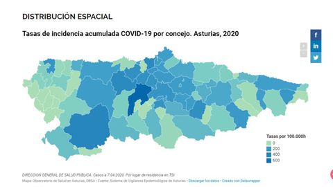 Mapa de la tasa por concejos, en función de la población, de los casos confirmados en Asturias de COVID-19 hasta el 7 de abril
