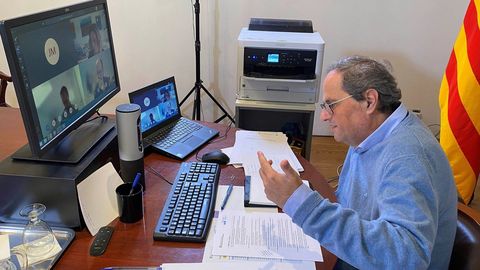 Quim Torra, durante una reunión el viernes por videoconferencia con representantes del sector turístico