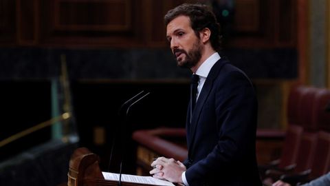 El líder del PP, Pablo Casado, durante su intervención en el pleno del Congreso