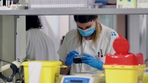 Técnicos sanitarios del Hospital Universitario Central de Asturias (HUCA), trabajan en el interior de la cabina de seguridad del laboratorio de virología de este centro de referencia del Principado