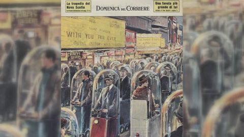 En 1962, una ilustración en el semanario italiano «Domenica del Corriere», fabula sobre cómo será la sociedad medio siglo después. En 2022 la gente viajaría encapsulada en una especie de patinetes carrozados, sin contacto próximo entre personas