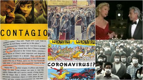 De izquierda a derecha y de arriba a abajo: cartel de la película «Contagio» (2011), ilustración de un semanario italiano (1962), Imanol Arias y Anne Igartiburu en las campanadas de 2012, extracto de la novela publicada en 1981 «Los ojos de la oscuridad», dibujo extraído de «Ásterix en Italia» (2017) y frame de la película surcoreana Virus (2013)