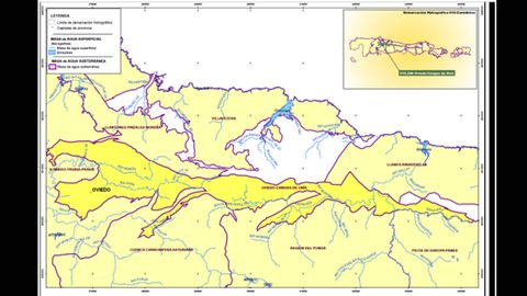 Mapa del enorme acufero que ocupa una franja entre Oviedo y Cangas de Ons, elaborado por el Ministerio de Medio Ambiente