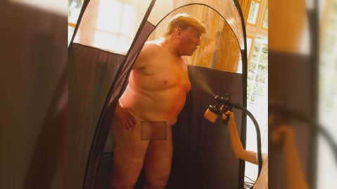 Imagen con el supuesto desnudo de Trump, con sus partes íntimas pixeladas. Puedes ver la foto al completo en esta noticia. Se trata realmente de un fotomontaje de la artista Alison Jackson