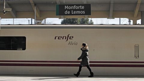 Una pasajera camina junto a un tren Alvia detenido en la estación de Monforte, en una imagen de archivo