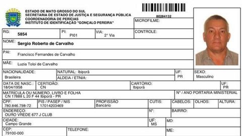 Ficha policial brasileña de Sérgio Roberto de Carvalho con sus huellas, que coinciden con las tomadas a Paul Wouter tras su detención en agosto del 2018 por un alijo en Galicia.