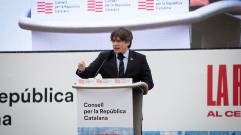 Puigdemont, durante su intervención en febrero en el acto del «consell de la república» en Perpiñán (Francia)