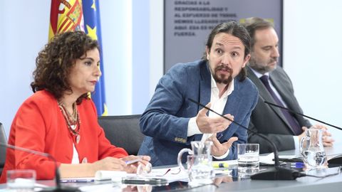 Montero,  Iglesias y balos, durante la rueda de prensa posterior al Consejo de Ministros en Moncloa