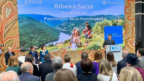 Presentación pública de la candidatura de la Ribeira Sacra a patrimonio de la humanidad a cargo del conselleiro de Cultura, Román Rodríguez, en la última edición de la feria turística Fitur en Madrid