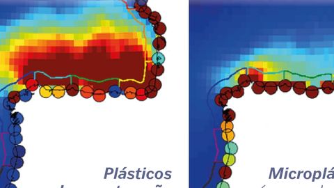 Concentración de partículas (en ?). Panel de la izquierda, plásticos de gran tamaño; panel de la
derecha, microplásticos (-5mm). Los círculos representan la concentración en costa.
Fuente: The Bay of Biscay as a trapping zone for exogenous plastics of different sizes