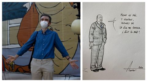 Agustín Ferrer, autor del cómic «Mies», bromea ante el edificio del Kiosko Alfonso, vestido para acoger las exposiciones del salón Viñetas. A la derecha, dibujo dedicado por el artista a los lectores de La Voz