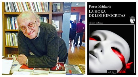 El escritor Petros Márkaris, creador del comisario Kostas Jaritos. A la derecha, portada del libro que narra las últimas andanzas del policía griego
