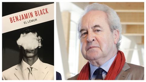 El escritor irlandés John Banville, autor que está detrás de Benjamin Black, junto a la portada de su novela «El Lémur»