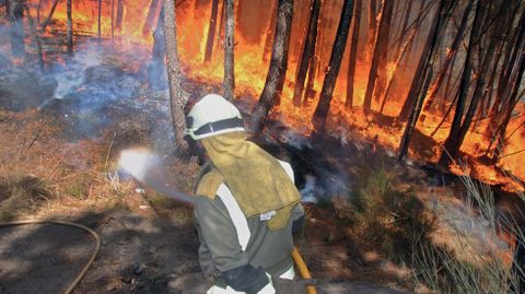 Un integrante de la brigada contraincendios forestales de Samos, este viernes en el monte de A Ermida