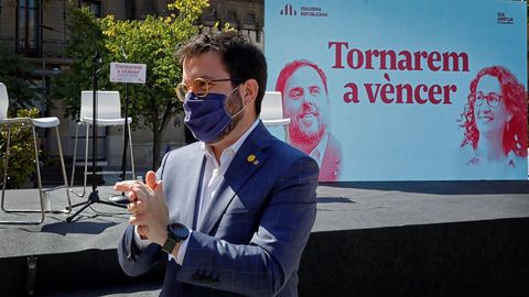 Pere Aragonés, durante la presentación del libro «Tornarem a vèncer» de Rovira y Junqueras, este sábado en Manresa