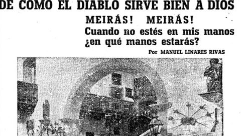 A la izquierda, reproducción del encabezamiento de la colaboración de Manuel Linares Rivas en La Voz, en mayo de 1938