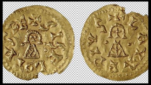 Anverso y reverso de una moneda de oro que probablemente fue acuñada en el territorio de O Courel durante el reinado del monarca visigodo Sisebuto