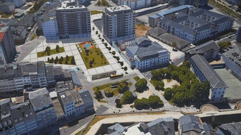 Lestegás propone una reflexión sobre la futura plaza en el solar de la estación de buses de Lugo. En la imagen una infografía que aportó la Xunta hace meses