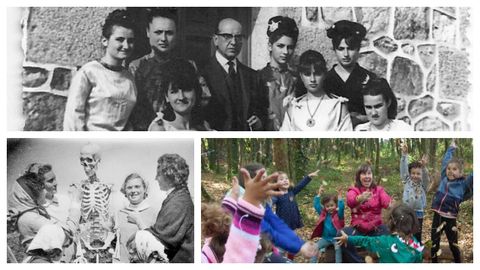 Dúas fotos antigas do Colexio Fingoi, do que foi director e mestre Carvalho Calero (arriba, entre alumnas do centro), e unha actual da escola da natureza Nenea, que recolle a semente e aplica o mesmo lema: «Educar para a vida»