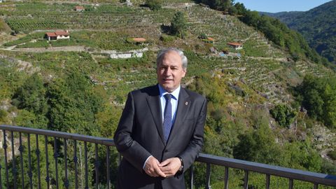 O presidente da Deputación de Lugo, José Tomé, xunto aos bancais dos viñedos da Ribeira Sacra