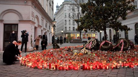 El presidente austríaco, Sebastian Kurz, deposita una vela en la zona donde se produjo el atentado en Viena