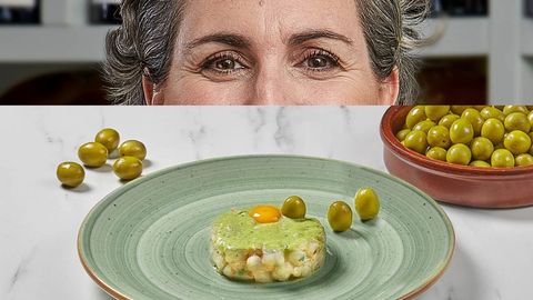 Pepa Muñoz. Pesto de aceituna Manzanilla con tartar de gamba blanca y yema de huevo de codorniz Aparente sencillez como en su restaurante Qüenco de Pepa de Madrid.