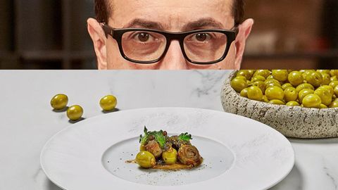 Ricard Camarena. Aceituna Manzanilla, alcachofas y caviar intercambio. El dos estrellas Michelin valenciano juega con los productos locales e ingredientes más complejos.