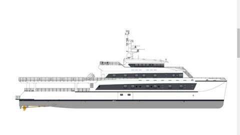Perfil del catamarán de lujo, de 68 metros de eslora, 14 de manga y con cuatro cubiertas, construido por Armón con estructura de aluminio